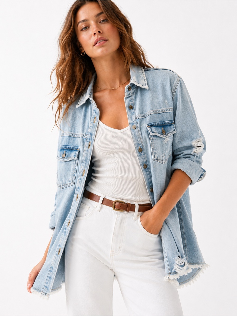 PILCRO Distressed Denim Shirt Shacket Light Wash Raw Hem Button Front XS